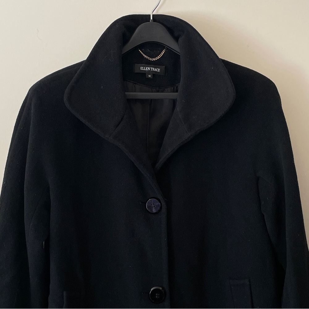 Ellen Tracy Black Wool Angora Classic Coat Jacket Swing 14 Professional polished